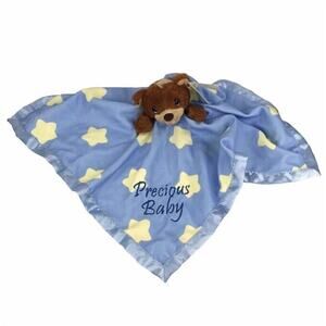 Precious Moments Baby Blanket Bear Plush Lovey Blue Yellow Stars Satin 2014 NWT